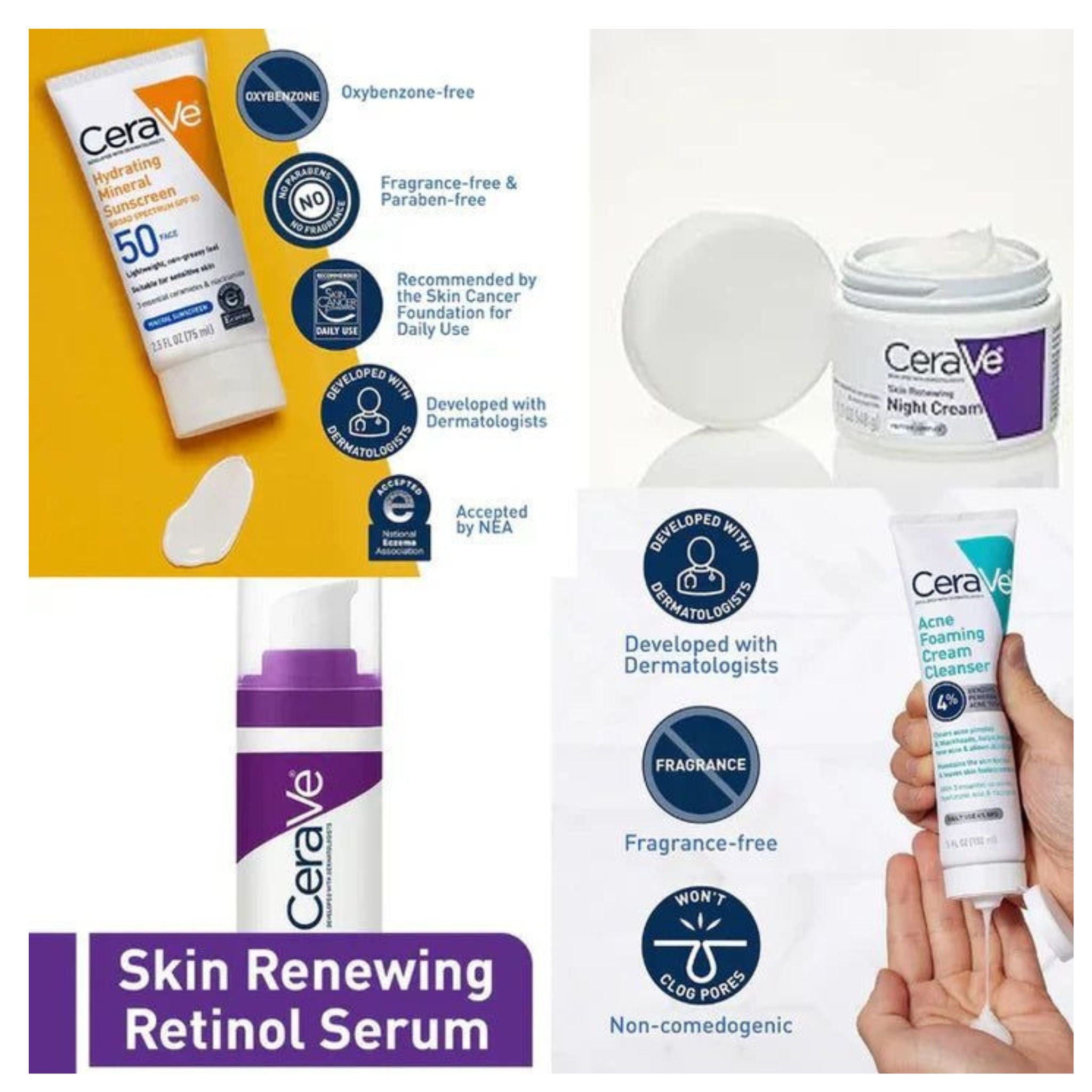 CeraVe 4 in 1 Skincare Kit Night Cream, Sunblock, Cleanser & Serum for Radiant Skin