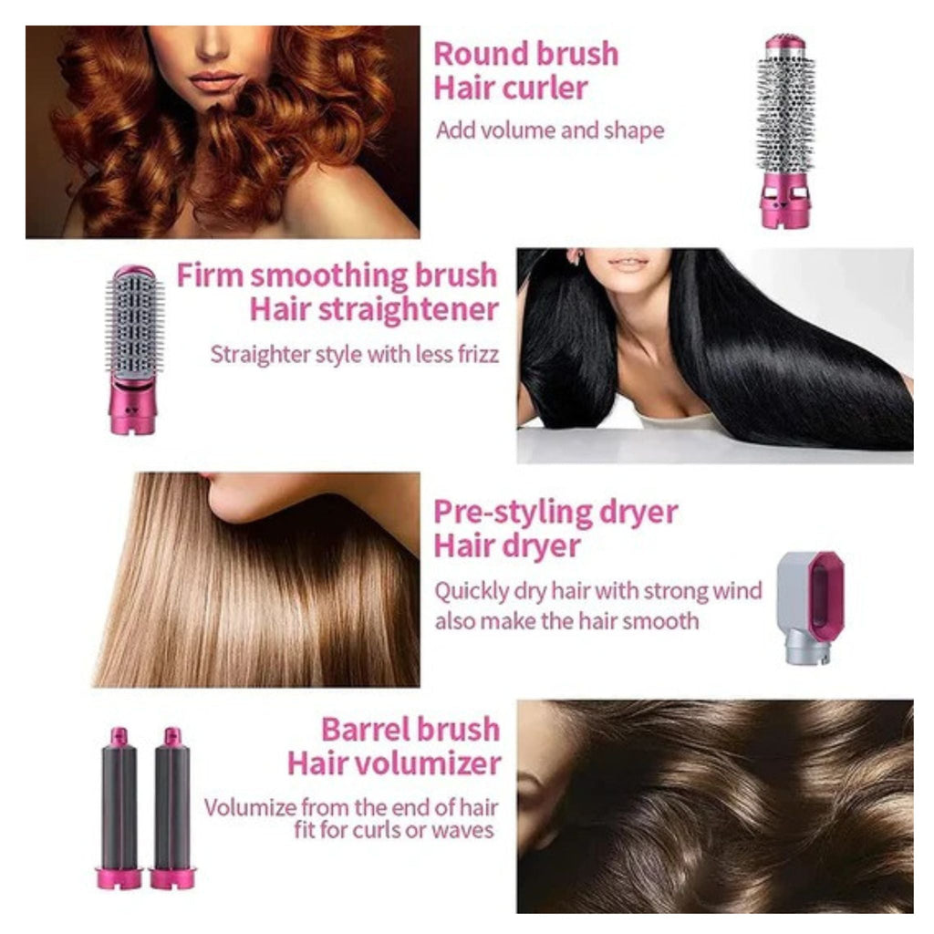 5 In 1 Hair Styler Brush | Hair Dryer, Straightener, Curler & Volumizer | Negative Ionic Air Wrap With Detachable Brush Heads