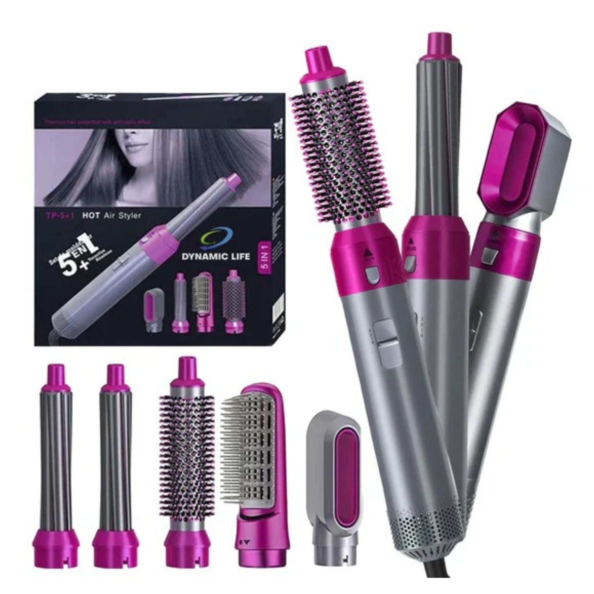 5 In 1 Hair Styler Brush | Hair Dryer, Straightener, Curler & Volumizer | Negative Ionic Air Wrap With Detachable Brush Heads