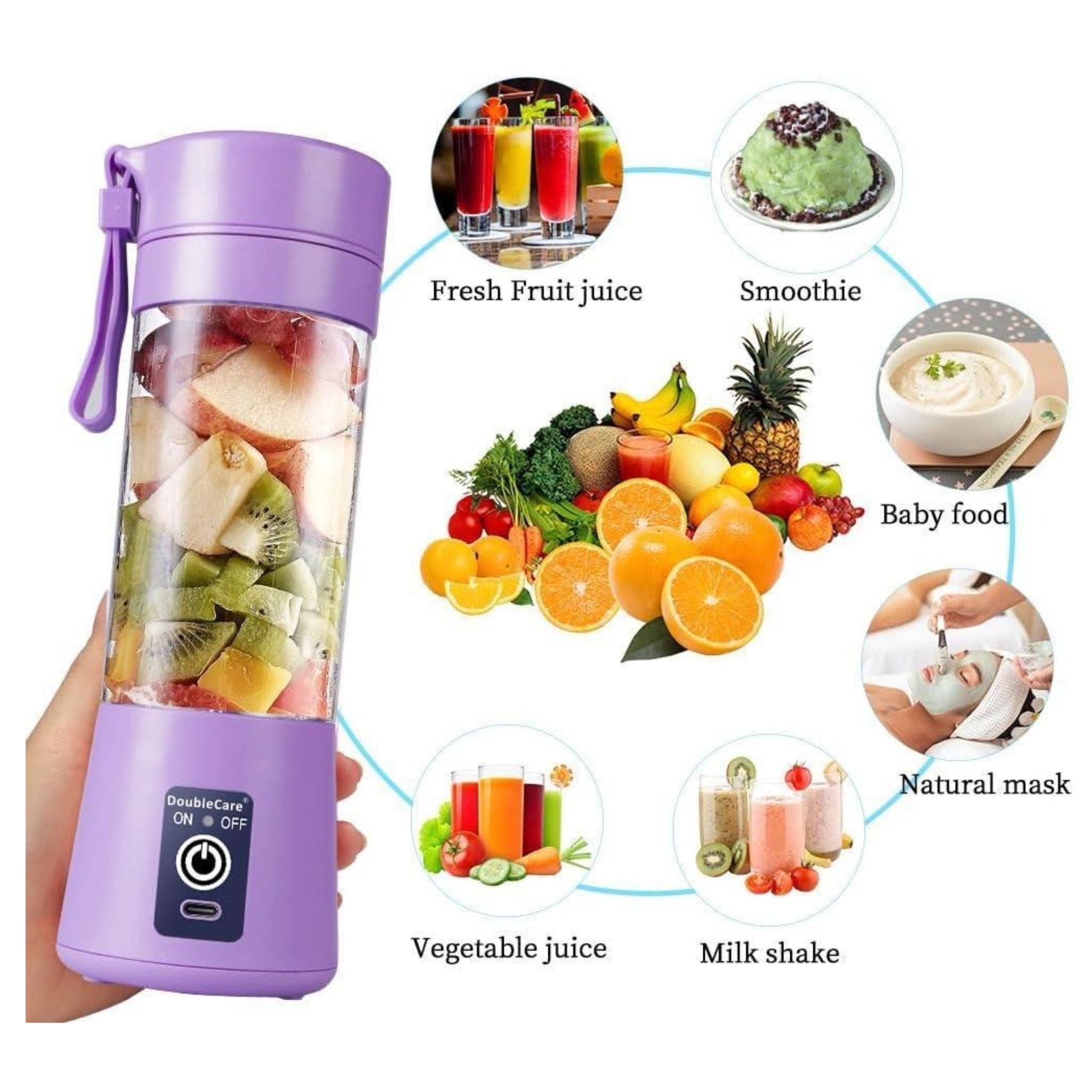 Rechargeable Portable Mini Juicer Blender – 6 Blades, 380ml  Outdoor Juicing Cup [Random Color] With Box