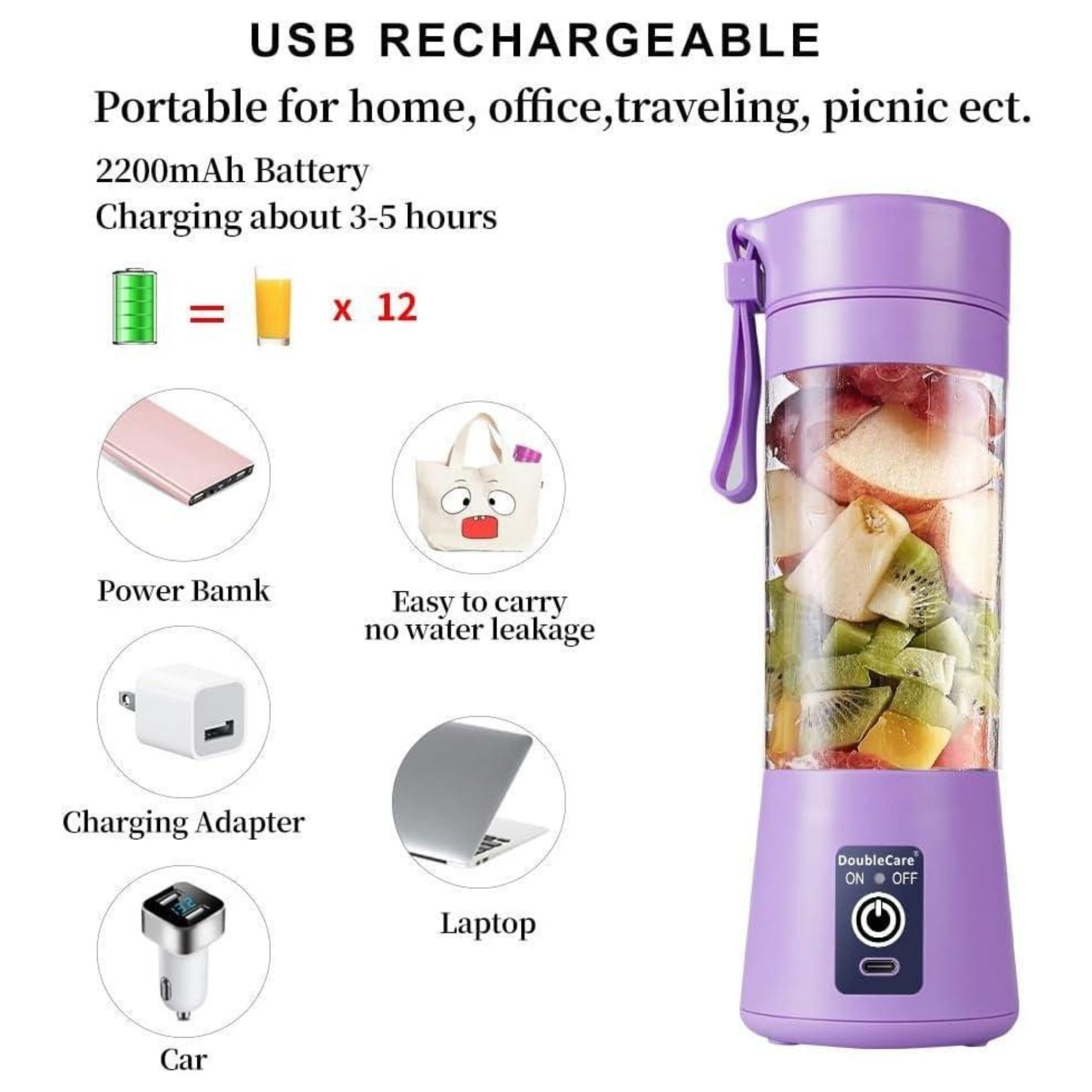 Rechargeable Portable Mini Juicer Blender – 6 Blades, 380ml  Outdoor Juicing Cup [Random Color] With Box