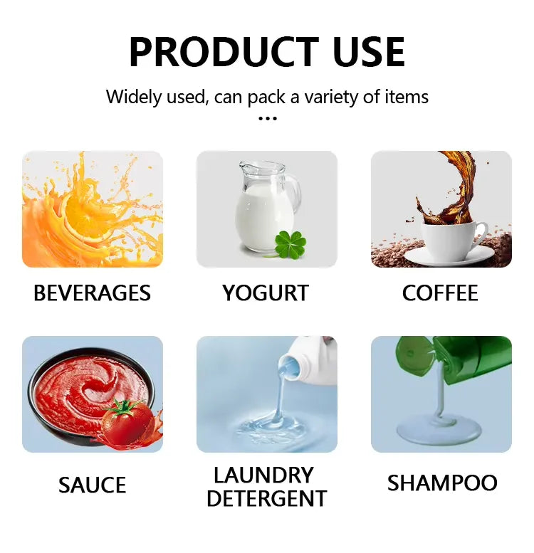 Product use categories including beverages, yogurt, coffee, sauce, laundry detergent, and shampoo with corresponding images.