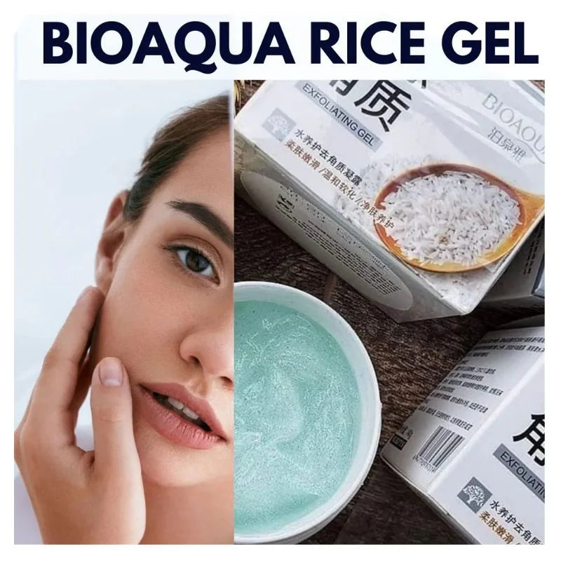 Bioaqua rice gel packaging with a bowl of gel and a woman applying it to her face.
