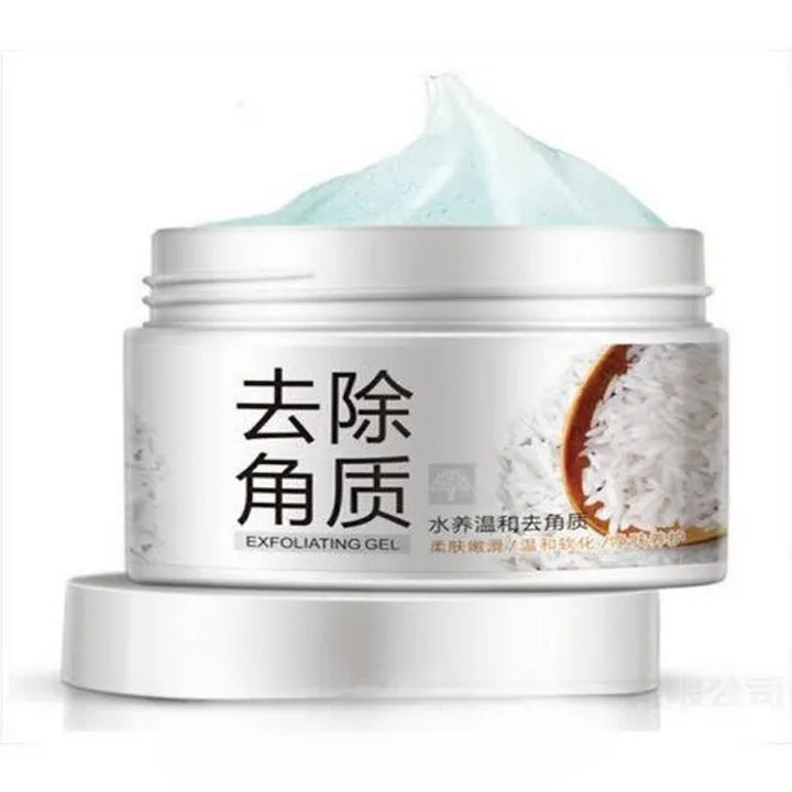 Exfoliating gel container with a white lid and visible text on a white background