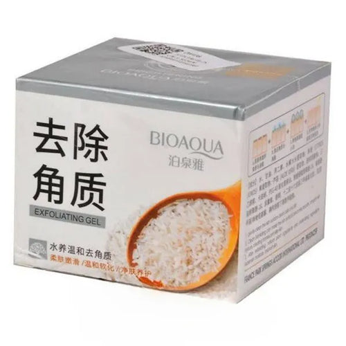 Bioaqua exfoliating gel packaging with text and an image of a bowl of rice on a white background