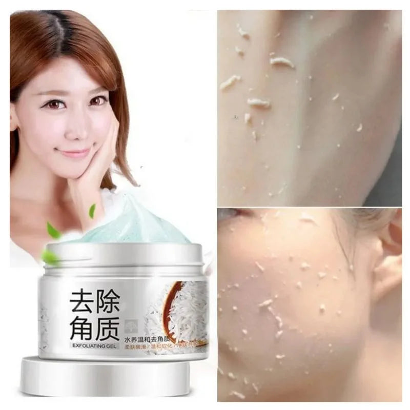 Skincare product with a woman's face and close-up of skin texture.