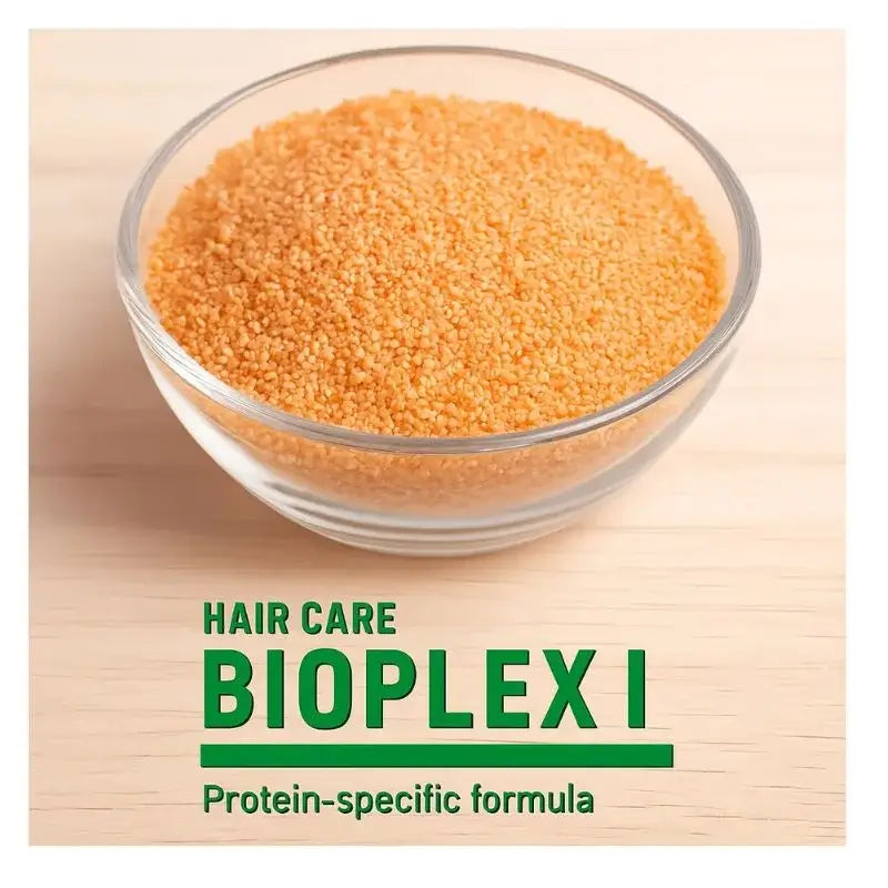 Glass bowl of orange powder with 'Hair Care Bioplex I' text on a beige background