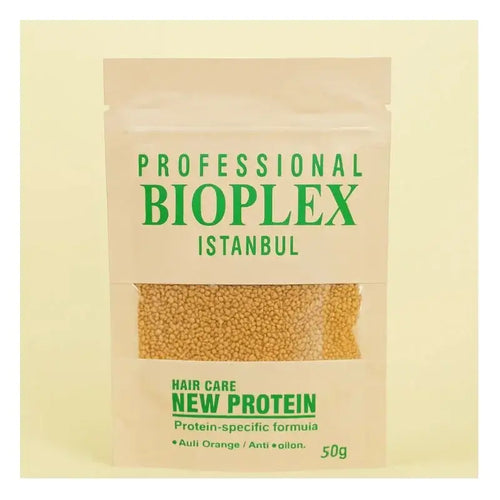 Bioplex Istanbul hair care product packaging with green text on a beige background