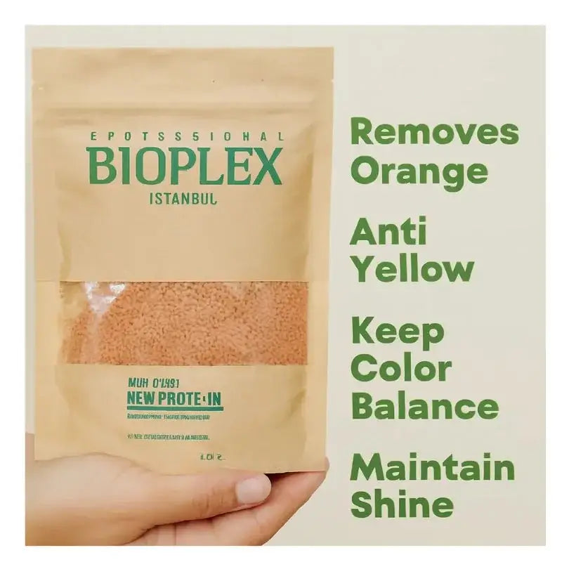 Bioplex hair product package held by a hand with text about product benefits on a beige background