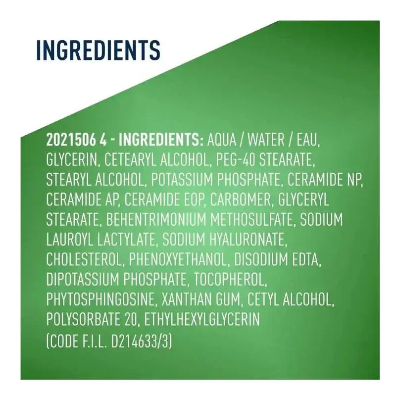 Full ingredients list of CeraVe hydrating facial cleanser including ceramides and hyaluronic acid on a green background