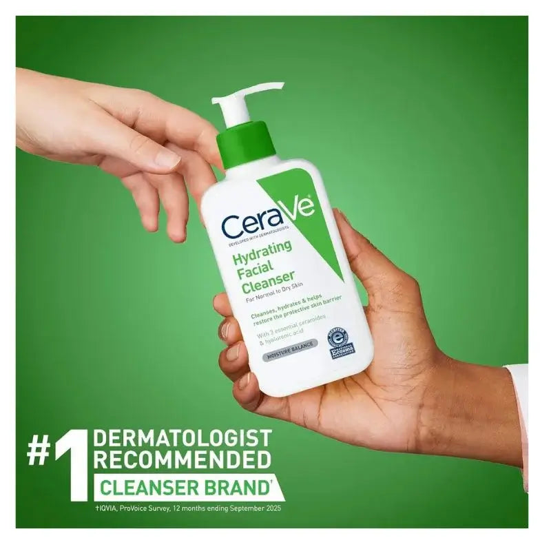 CeraVe facial cleanser being held by a hand with a green background
