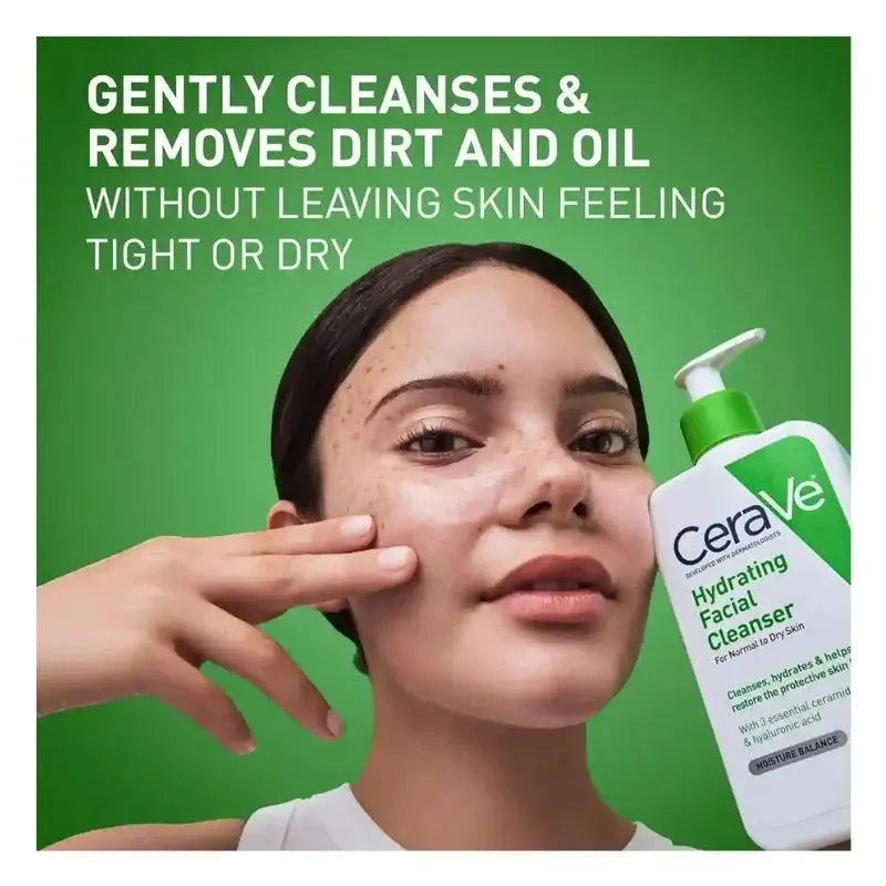 CeraVe facial cleanser with a woman touching her face against a green background