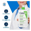 CeraVe hydrating cleanser bottle held by a person with product features displayed.