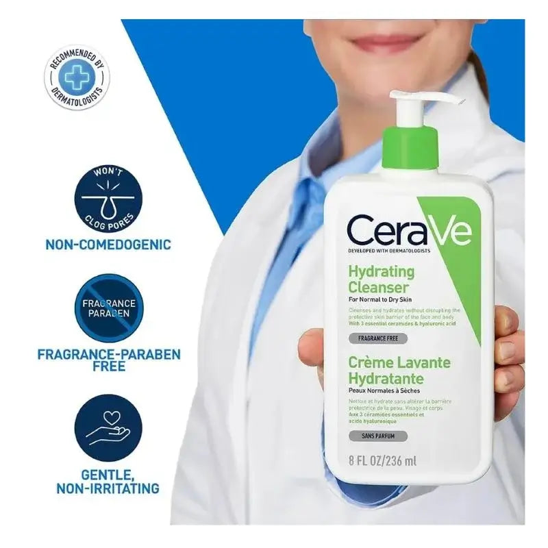 CeraVe hydrating cleanser bottle held by a person with product features displayed.