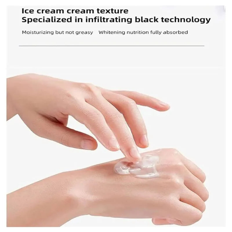 Hand applying a cream to another hand with text about ice cream cream texture and black technology.