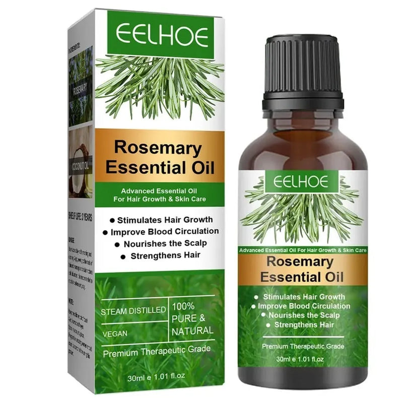 Rosemary essential oil bottle and packaging with EELHOE branding on a white background
