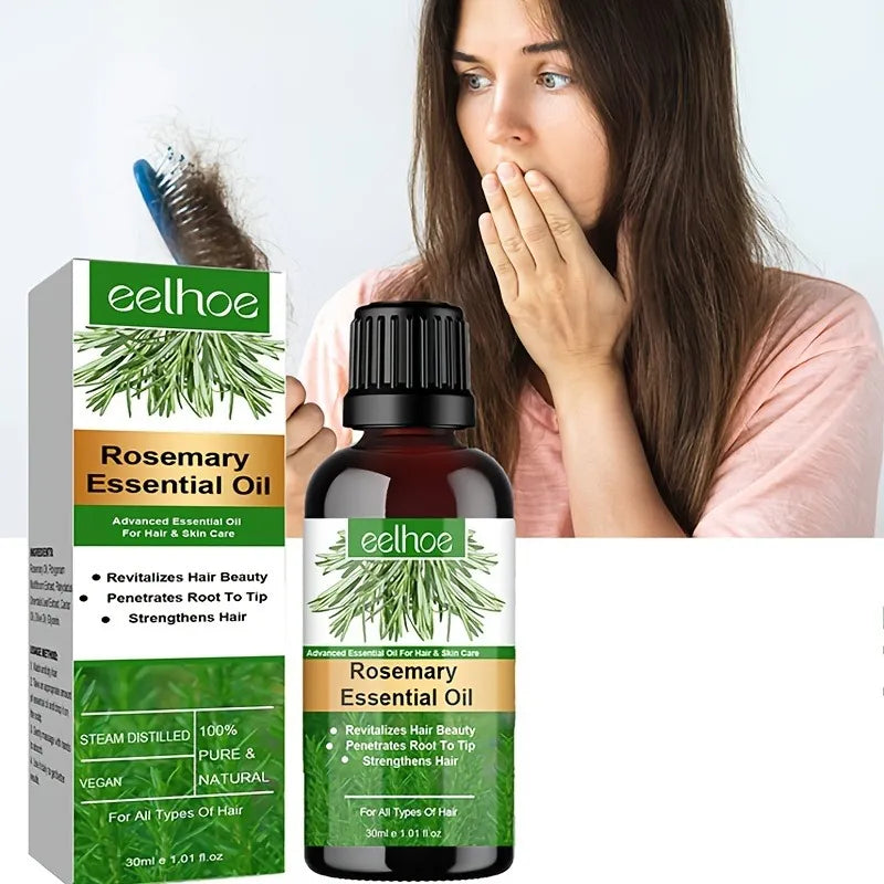 Eelhoe Rosemary Essential Oil bottle and packaging with a woman holding her nose.