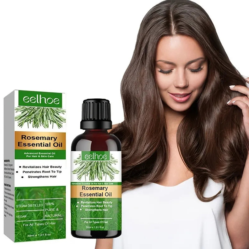 Eelhoe Rosemary Essential Oil with a woman with long hair on a white background