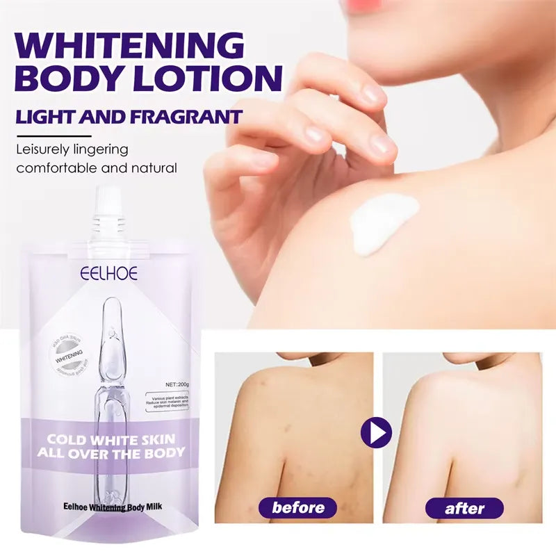 Eelhoe whitening body lotion packaging with application on skin and before/after effect shown.