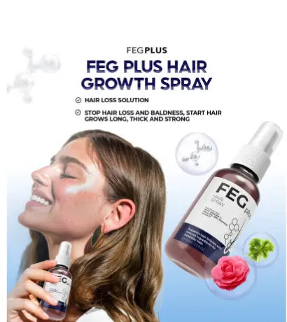 woman applying FEG PLUS hair growth spray for hair loss treatment and thicker stronger hair