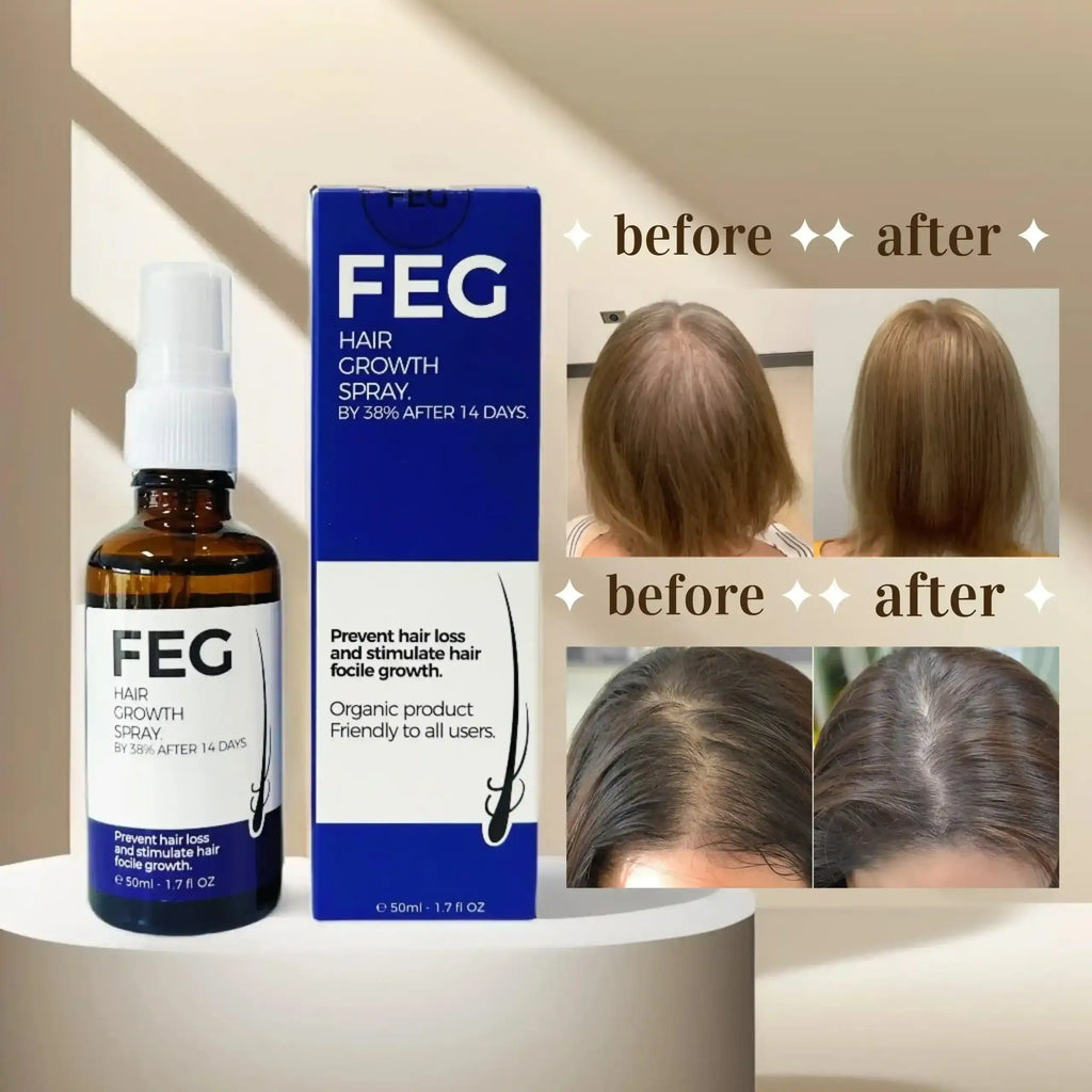 before and after results of FEG PLUS hair regrowth spray