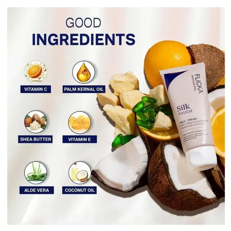 Flicka Silk Touch cream with ingredients like vitamin C, palm kernel oil, shea butter, vitamin E, aloe vera, and coconut oil displayed on a white background.