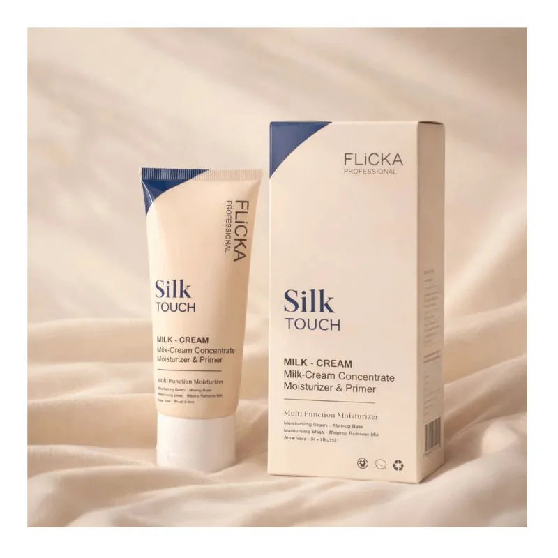 Flicka Silk Touch milk cream concentrate and box on a beige fabric background