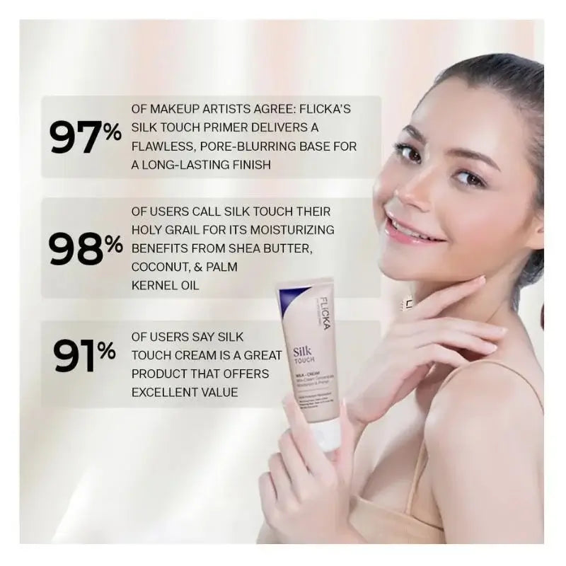 Advertisement featuring a woman holding a skincare product with text about product usage and benefits.