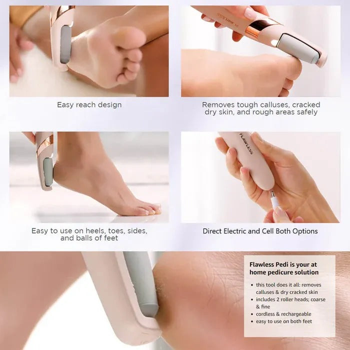 Rechargeable electric foot file grinder being used on feet for smooth skin