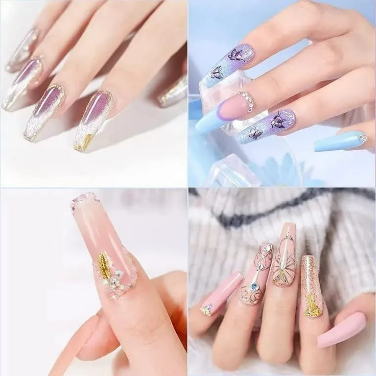 Four different designs of decorative nails on a plain background