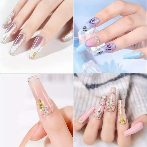 Four different designs of decorative nails on a plain background