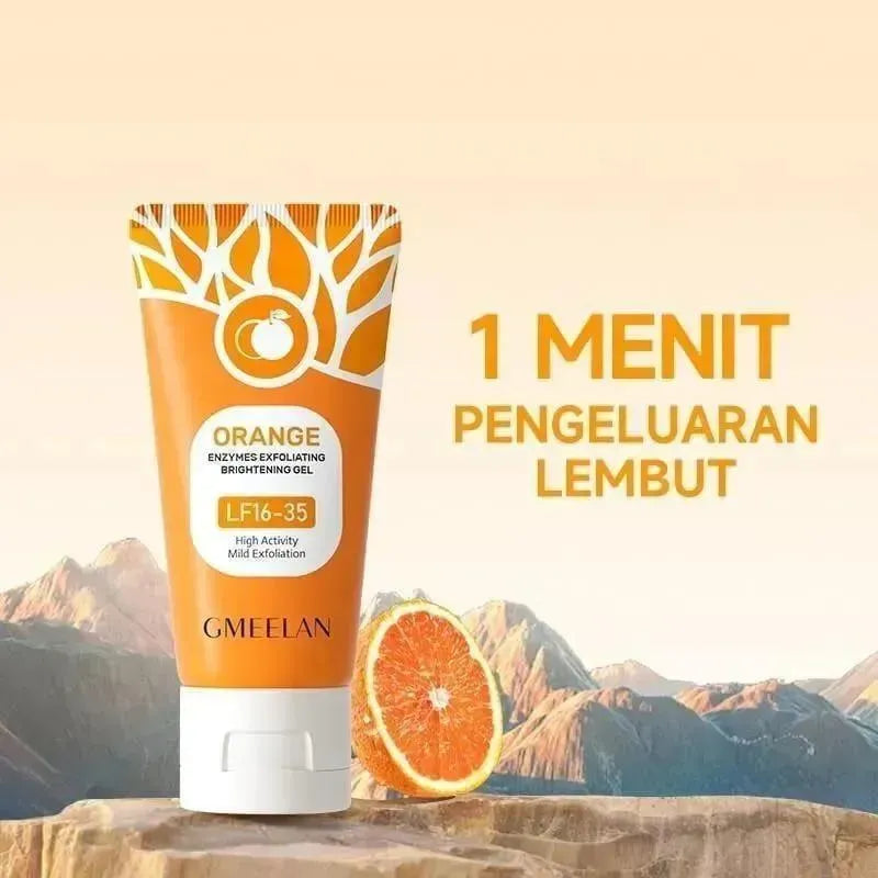 GMEELAN orange enzyme exfoliating brightening gel with mountain and orange background
