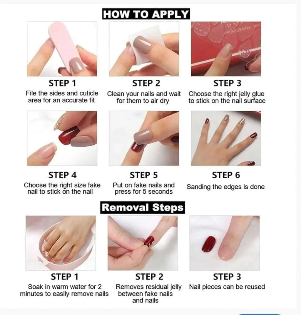 Step-by-step guide on how to apply and remove fake nails with images and text.