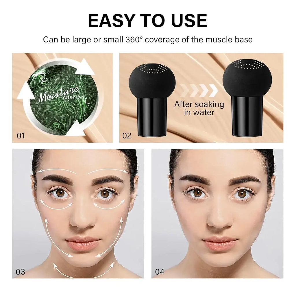 Product demonstration with text 'Easy to Use' and images of a cushion and application on skin.