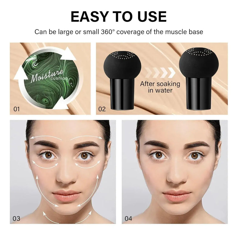 Product demonstration with text 'Easy to Use' and images of a cushion and application on skin.