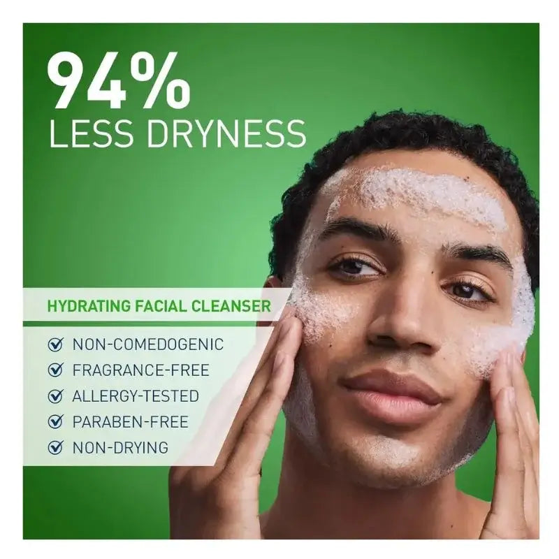 Person using a hydrating facial cleanser with product features listed on a green background