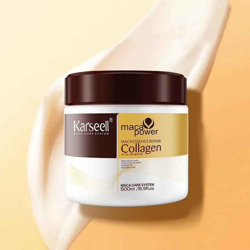 Karseell maca power collagen hair care product jar on a beige background
