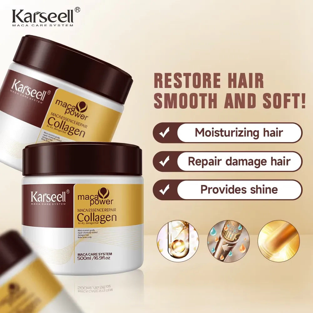 Karseell maca power collagen hair care products with text on a beige background