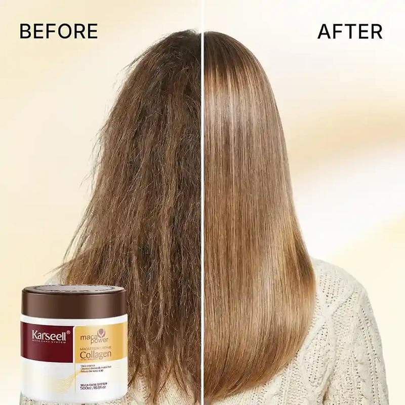 Before and after comparison of hair treatment with Karseell product shown.