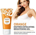 Orange enzymes exfoliating brightening gel with a model and product packaging.