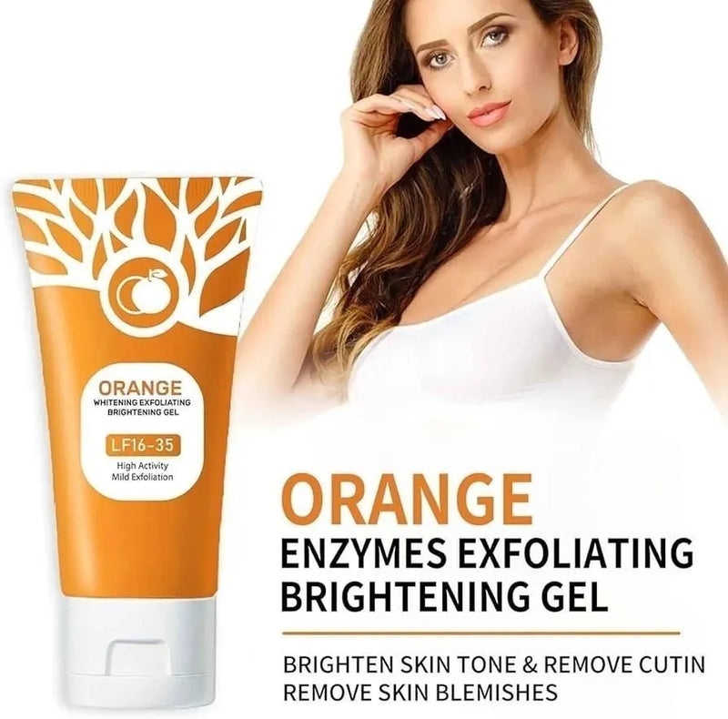 Orange enzymes exfoliating brightening gel with a model and product packaging.