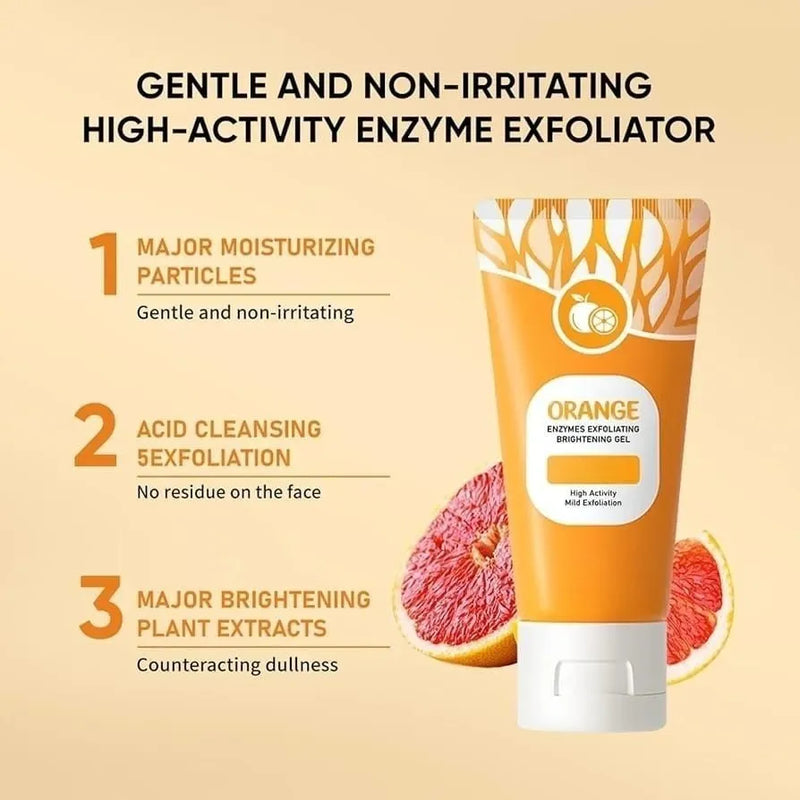 Orange enzyme exfoliator tube with benefits on a beige background