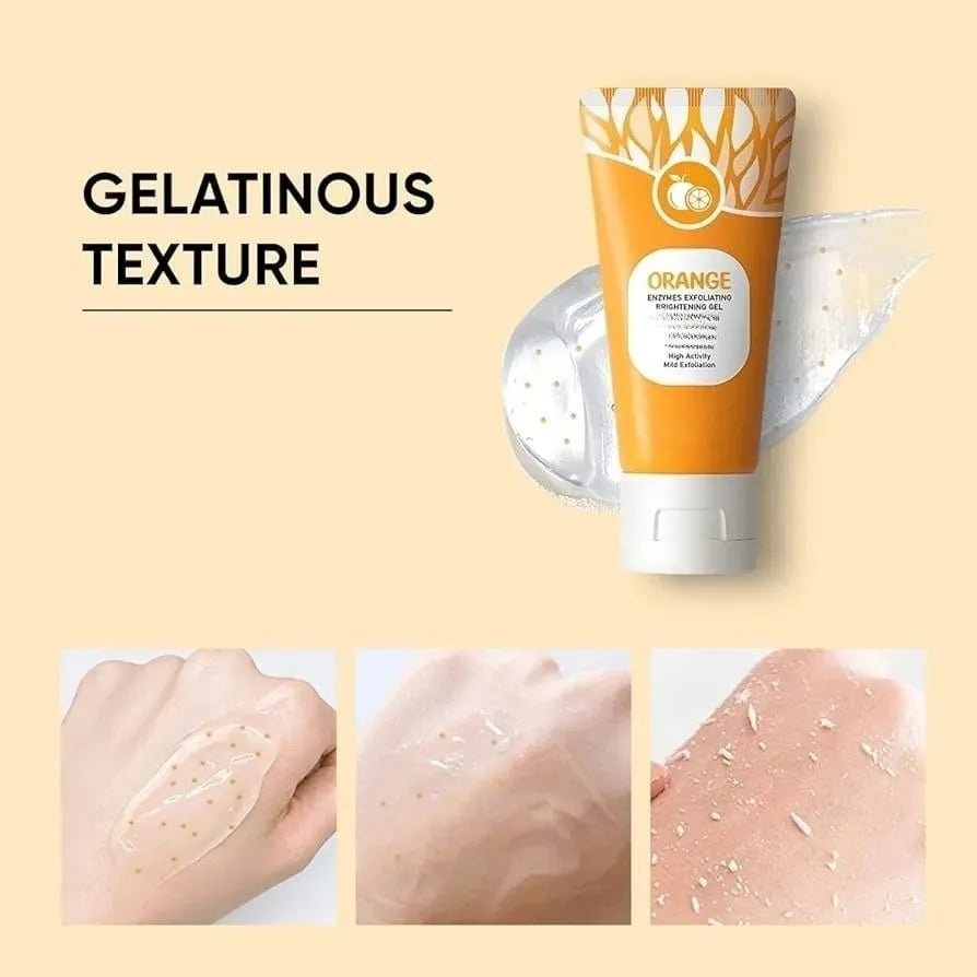 Orange gel tube with text 'Gelatinous Texture' on a beige background