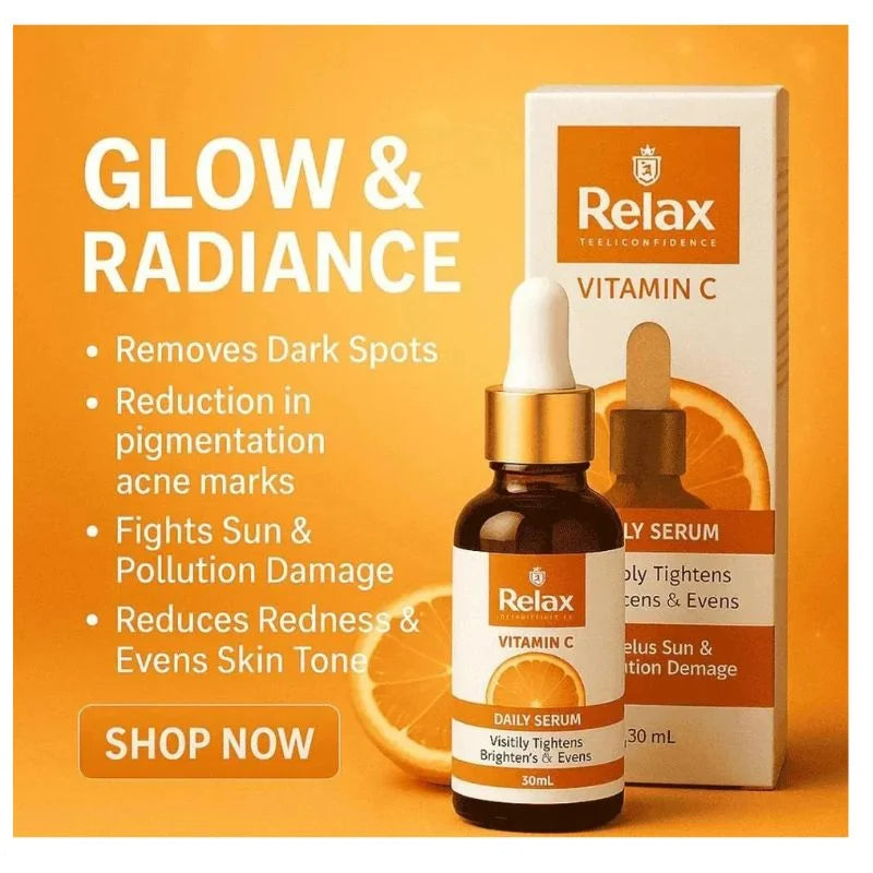 Relax Vitamin C serum bottle and packaging on an orange background with text highlighting product benefits.
