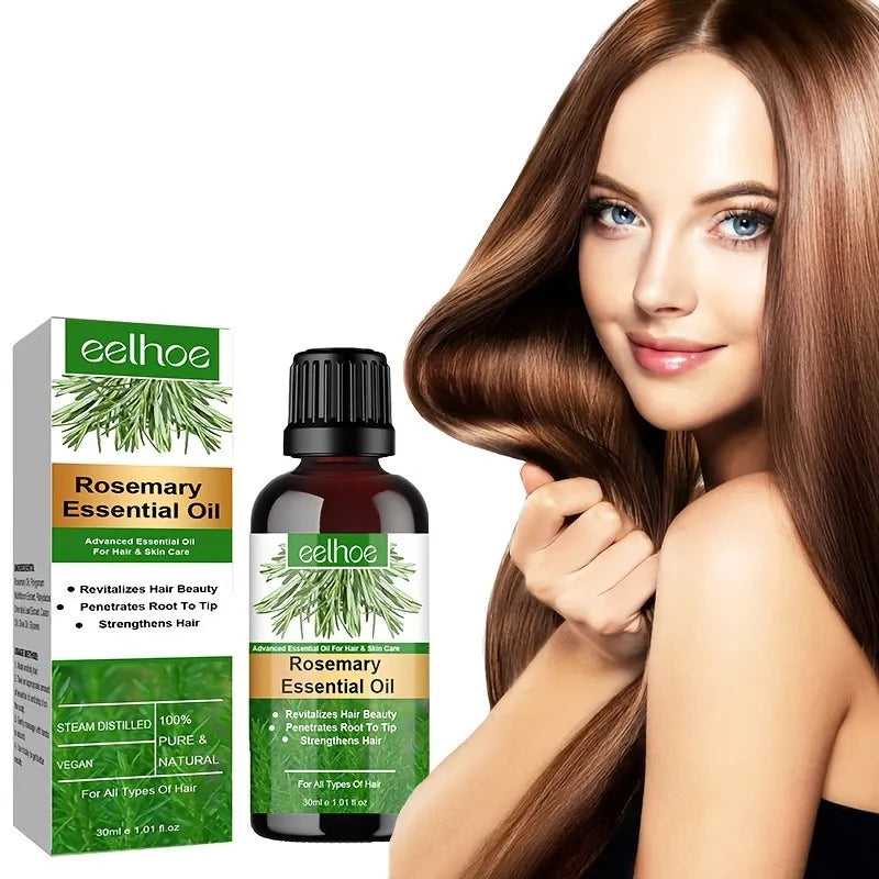 Rosemary essential oil bottle and packaging with a woman with long hair on a white background
