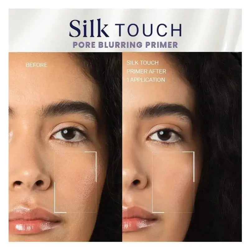 Before and after comparison of Silk Touch Pore Blurring Primer on a person's face.