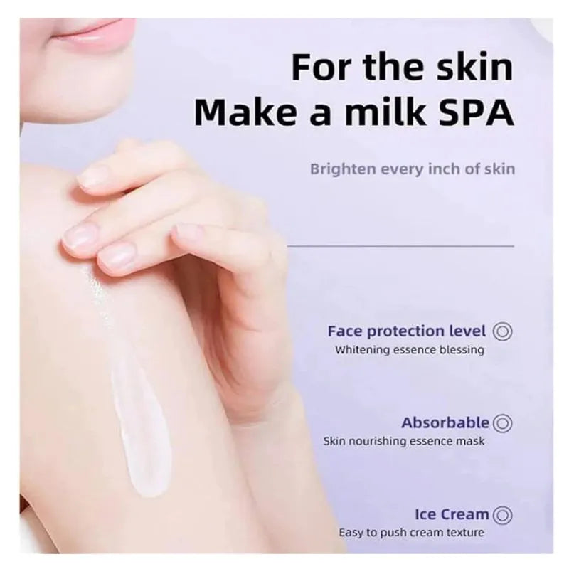 Product advertisement for a skin care cream with text on a light purple background