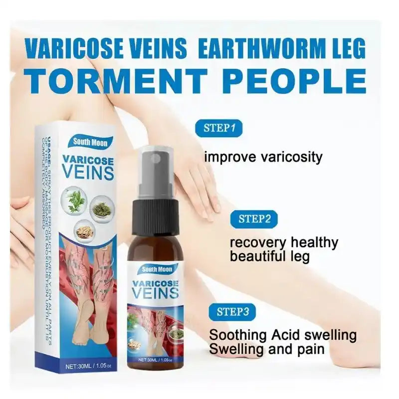 South Meen Varicose Veins treatment spray and packaging with text on a white background