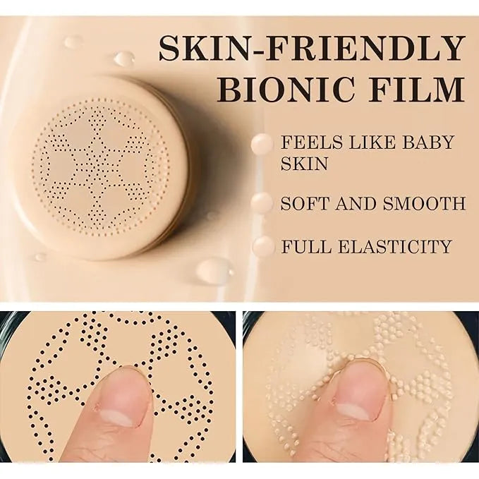 Skin-friendly bionic film with text highlighting its features on a beige background.