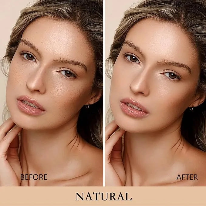 Before and after comparison of a woman's face with 'Natural' makeup application.